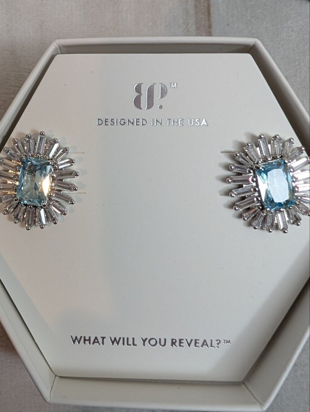 Bomb Party Rustic Glam Earrings March 2025 Aquamarine CZ Rhodium ER68173 NIB